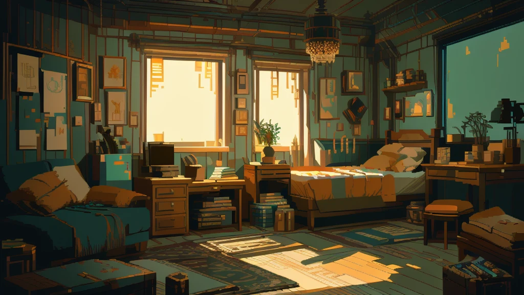 There is a room,There is a table and a chair inside, Relaxation concept art, Created by senior environment artists, Interior Background Art, Realistic concept art, Global Illumination. Visual effects, Global Illumination!! complex, Akihiko Yoshida. Unreal Engine, Realistic concept art, 高度Realistic concept art, Realistic afternoon lighting, Personal room background, Exquisite pixel art concept art
