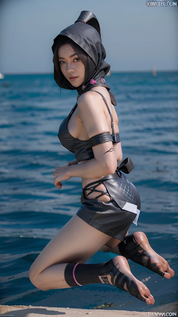 Female ninja in fishnet with sexy bare feet and black toes exposed with boob cleavage showing showing sexy butt 