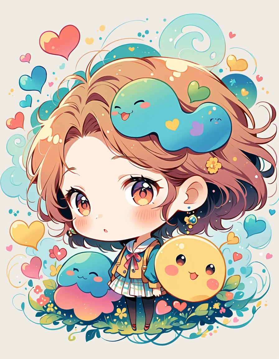 Mai Yoneyama style, Simple Line Initialism,Abstract art,Urban Background, colorful hearts ,(((The most beautiful girl of all time))), (((chibi))), (((Cute amoeba))), トトロの森