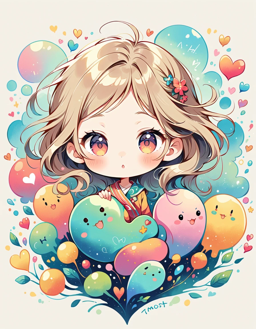 Mai Yoneyama style, Simple Line Initialism,Abstract art,Urban Background, colorful hearts ,(((The most beautiful girl of all time))), (((chibi))), (((Cute amoeba))), トトロの森