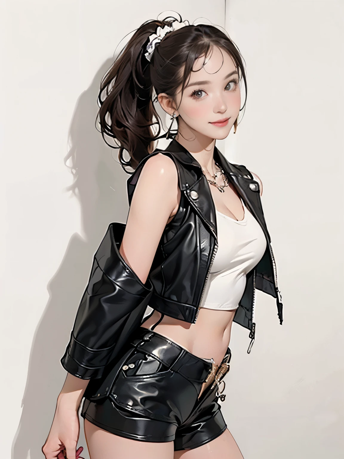 ((((Highest quality))))、(((Ultra-precision CG16K wallpaper)))、(((masterpiece)))、(((Super detailed)))、(((Extreme detail)))、((１Mature 29 year old woman:1.6))、((Very beautiful Japan face of a person))、((Urizane Face:1.8))、((Soft wavy ponytail medium hair:1.8))、(Shiny Blonde)、A delicately drawn beautiful face、Dark Eyes、double eyelid、High nose、Small nostrils、Small Mouth、Seductive lips、Beautiful breasts、((C cup size breasts))、Cleavage、Beautiful feet、eight-headed body、Perfect proportions、Perfect ???????、Perfect composition、Beautiful detailed shading、Beautiful, natural lighting、Beautiful detail glow、Depth of written boundary、(((High chroma)))、(((Real:1.9)))、((vivid:1.5))、((Beautiful Skin))、((Skin Texture))、((Realな皮膚感))、(((Cowboy Shot:1.6)))、((front view、shoot from front、front low angle:1.6))、(((smile:1.3)))、((looking at viewer:1.6))、Bright daylight、Natural light、(((White Wall:1.5)))、(Standing pose:1.6)、(((Black sleeveless leather jacket&Black leather low rise shorts:1.6)))、((Scrunchie Ribbon、Chain Necklaces、Wearing earrings:1.5))、((Wearing knee-high boots:1.5))、