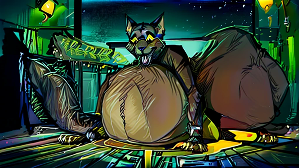  Furry, caricatured, full body, anthropomorphic black cat, male character, body full of fur, no shirt, wears tight shorts, a big cock bulge, a noticeable belly full of liquid very big and round, something is moving inside his belly. He is sitting in an armchair in an apartment while he rubs his belly, the street light comes through the window, the departament is all dark.