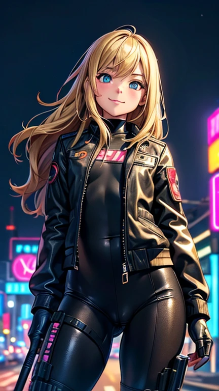 (8k),(masterpiece),(Japanese),(),((innocent look)),((Childish)),From the front,smile,cute,Innocent,Kind eyes,Flat chest,Hairless vagina, Cameltoe,Black Leather Jacket,Black Canary Costume,semi-long,Hair blowing in the wind,Blonde Hair,Strong wind,night,dark, Neon light cyberpunk city