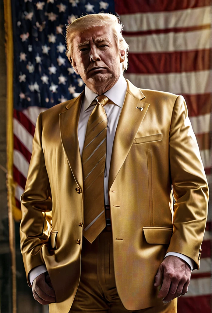 epic cinematic shot of dynamic masterpiece, best quality, hyper detailed, ultra detailed, 
trump was wearing a gold suit and standing with one hand in pocket, real skin, ral-bling golden suit, background of the US flag, Waist Shot, Bokeh, Rambrandt Lighting, in motion. main subject of high budget action movie. raw photo, motion blur. best quality, high resolution