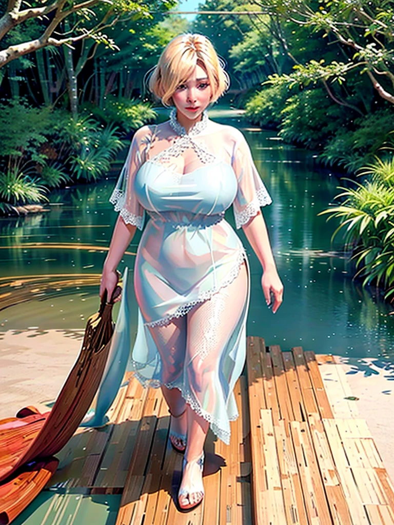 A young blonde plus size model;  short hair ;  sensual body;  voluminous and wide nipples;  wearing a lace, semi-transparent, pearl white tunic with sparkling glitter;  she parades holding a large red umbrella (the walkway is made of rustic wood over a lagoon with calm waters almost at the same level).  In the background a tropical forest half covered by rain.  Rainy and humid weather.  Hyper-realistic effect.