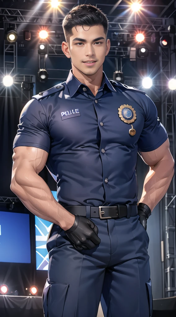 handsome man,(crew cut short hair:1.2),black eye,smile,open mouth (navy police uniform:1.2),(shirt short sleeves:1.2),collar,(shirt covered over:1.2),(name tag and Police badge:1.3),(shirt no buttons:1.1),(black_gloves:1.3), (Navy blue cargo:1.2),Korean guy,korean men,(High gloss details),(chest muscles:1.2),(large arm muscles:1.2),blood vessel,Big muscles,Broad shoulders,looking at the audience,Balancing the eyes,middle of the road,(stage:1.4),