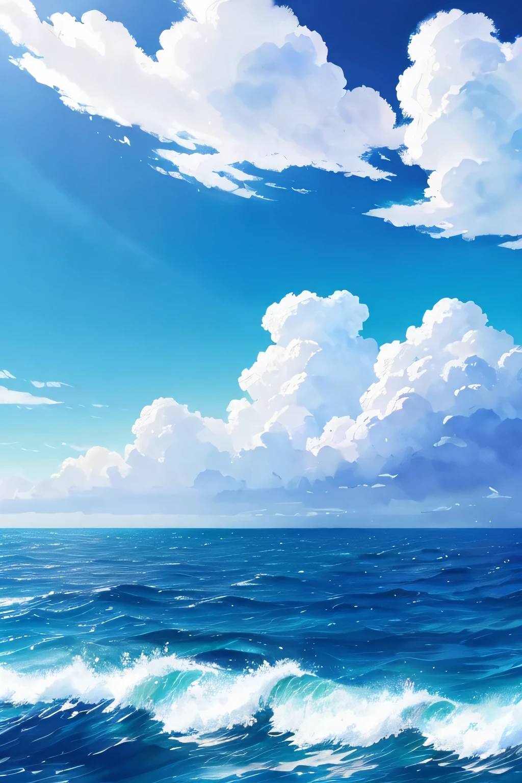 Watercolor photo of blue sky and clouds, a digital painting by Eizan Kikukawa, Trending on Shutterstock, Digital Art, Sky and sea background, Detailed Landscape — Width 672, Ocean Background Setting, White Background : 3, Beautiful fluffy clouds. anime, The sea in the background, The background is like heaven, Sea and Sky