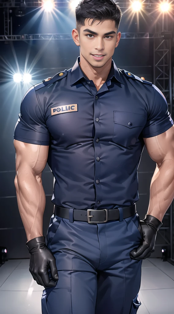 handsome man,(crew cut short hair:1.2),black eye,smile,open mouth (navy police uniform:1.2),(shirt short sleeves:1.2),collar,(shirt covered over:1.2),(name tag and Police badge:1.3),(shirt no buttons:1.1),(black_gloves:1.3), (Navy blue cargo:1.2),Korean guy,korean men,(High gloss details),(chest muscles:1.2),(large arm muscles:1.2),blood vessel,Big muscles,Broad shoulders,looking at the audience,Balancing the eyes,middle of the road,(stage:1.4),