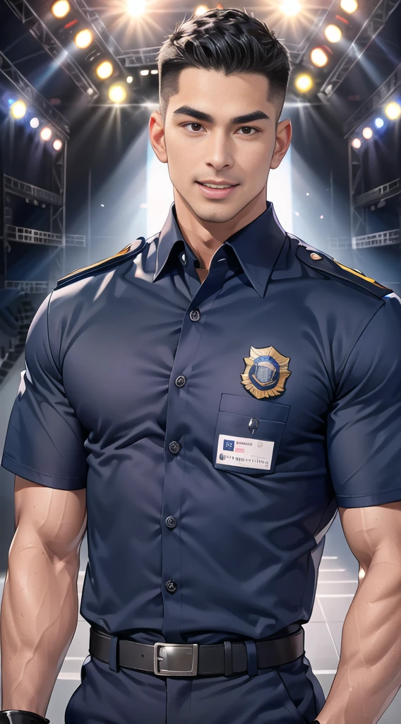 handsome man,(crew cut short hair:1.2),black eye,smile,open mouth (navy police uniform:1.2),(shirt short sleeves:1.2),collar,(shirt covered over:1.2),(name tag and Police badge:1.3),(shirt no buttons:1.1),(black_gloves:1.3), (Navy blue cargo:1.2),Korean guy,korean men,(High gloss details),(chest muscles:1.2),(large arm muscles:1.2),blood vessel,Big muscles,Broad shoulders,looking at the audience,Balancing the eyes,middle of the road,(stage:1.4),