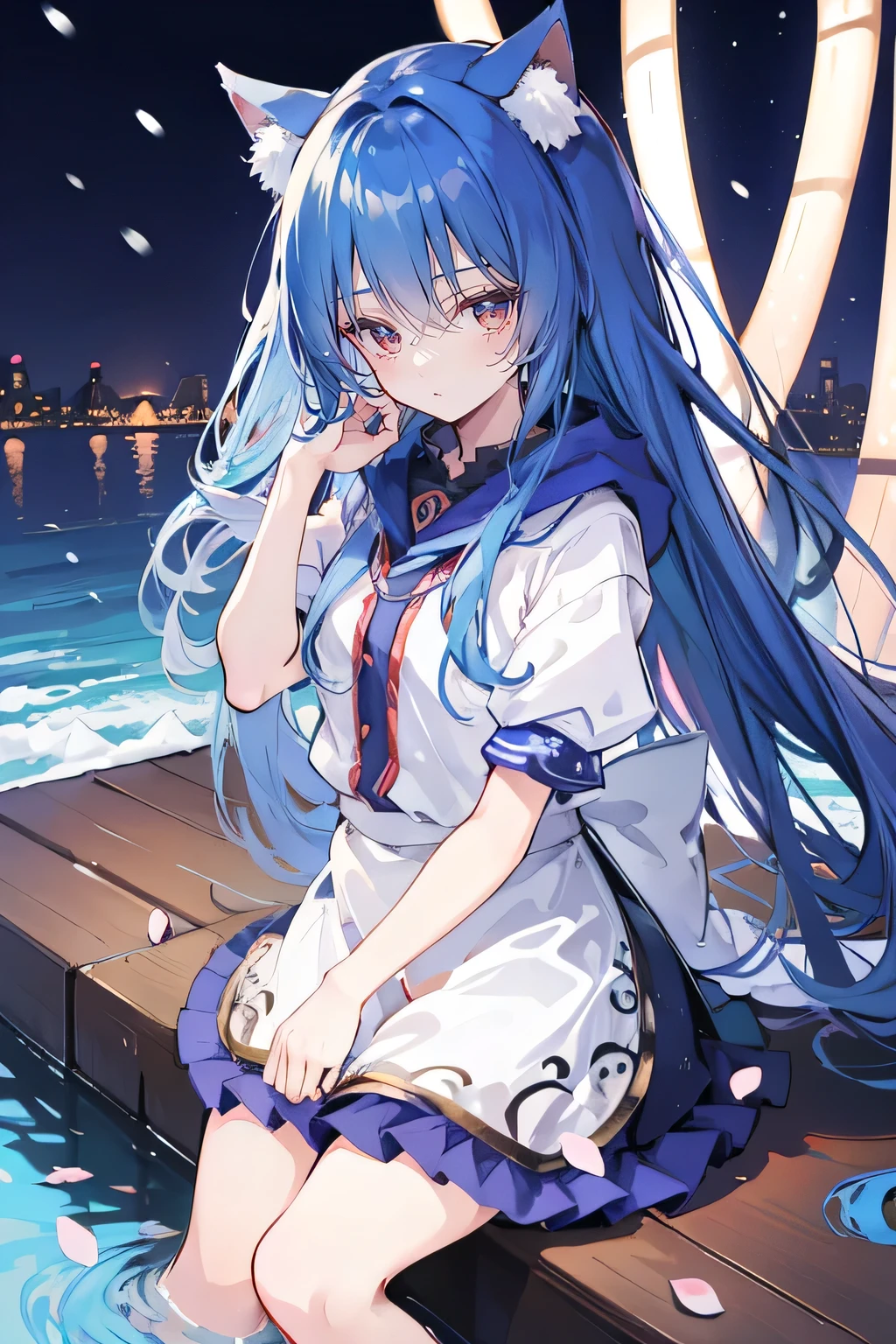(masterpiece:1.2),Super detailed,lifelike,Expressive eyes,fair skin,perfect face shape,1 girl,
Japanese comics,Gorgeous blue hair,flowing blue hair,flowing clothes,Cat ears,Petals fall,beautiful lola,Baby Angel,
Shaking head with one hand,Cross your legs,Gentle and peaceful background,The pavilion is cool and comfortable,smile, wearing hoodie, background of tokyo,back views,snowing, winter,lie on the water.