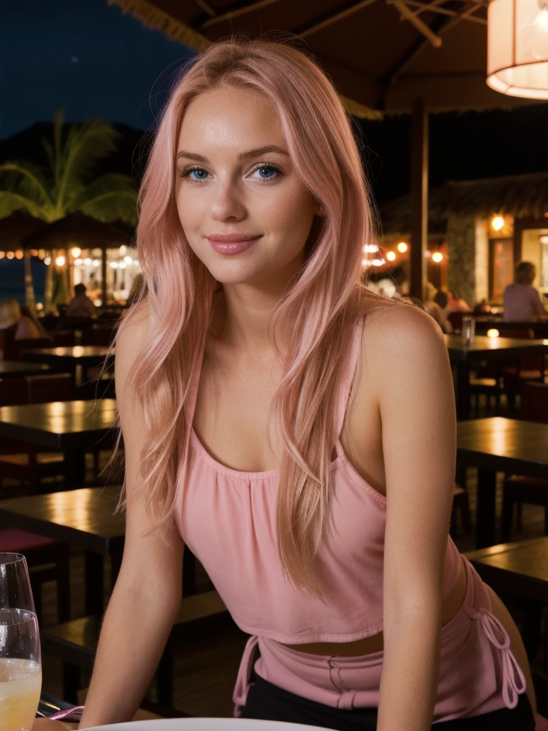 super cute pink blonde woman in dark theme, restaurant, hotel, beach, evening, mountain
