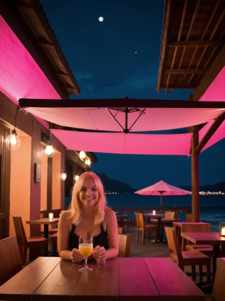 super cute pink blonde woman in dark theme, restaurant, hotel, beach, evening, mountain