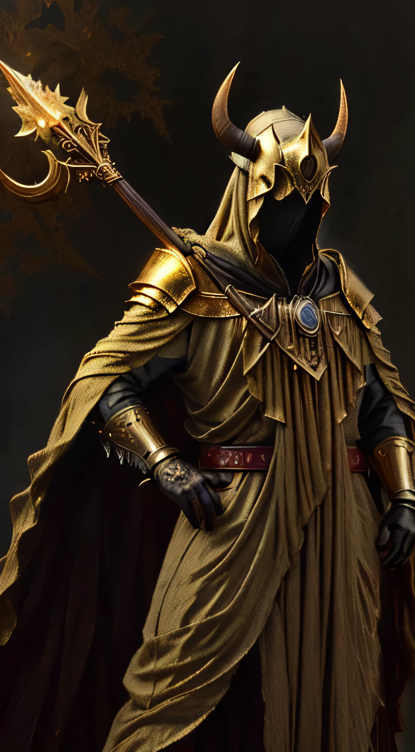 analog style, ((intricate details)), dark lighting, (broken lord), (intricate), 1man, solo, ((male ghost)), ((gold enhanced armor)), (gold intricate helmet with horns), ((ruby cape)), (spear), stick, dynamic pose, intricate, complex, Helios 44-2, swirly bokeh, trending on artstation, sharp focus, studio photo, intricate details, highly detailed, sharp, dnd character portrait, (oil on canvas), perfect lighting, Masterpiece, detailed background, portrait by artgerm and greg rutkowski, cinematic lighting, 8k