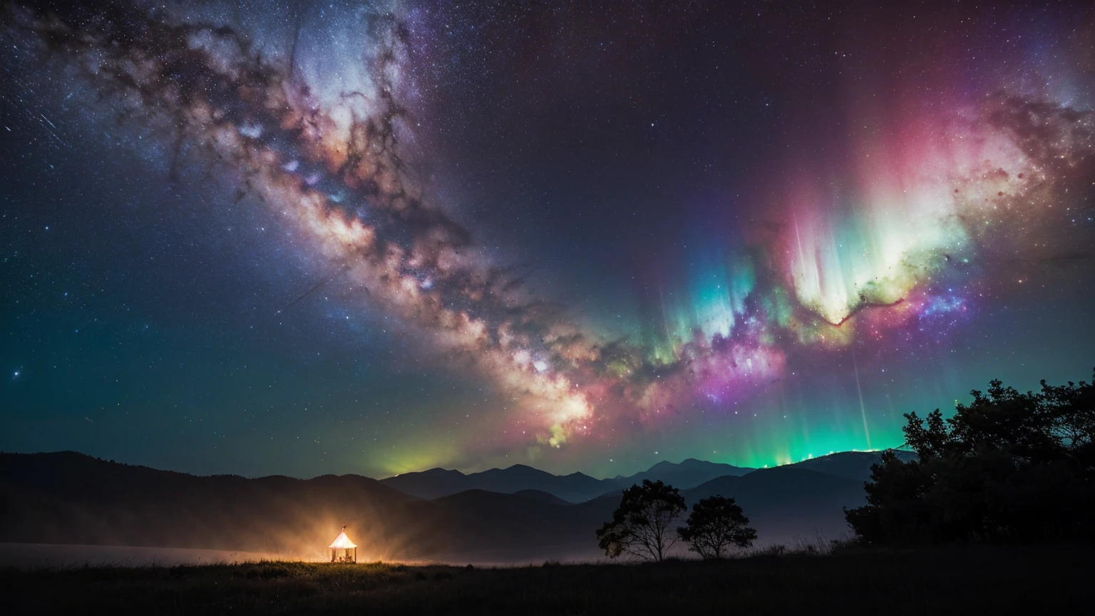 Wide Landscape Photos, (Looking from the bottom up, The sky is above, There is open space below), (Full Moon: 1.2), (meteor: 0.9), (nebula: 1.3), Distant Mountains , The tree,Handmade art, (暖lamp: 1.2), (firefly: 1.2), lamp, Lots of purple and orange, Intricate details, Volumetric lighting BREAK (masterpiece: 1.2), (best quality), 4K, Extremely detailed, (Dynamic Combination: 1.4), Rich in details,rich and colorful, (Rainbow Colors: 1.2), (glow, Ambient Lighting), Like a dream, magic, (solitary: 1.2)