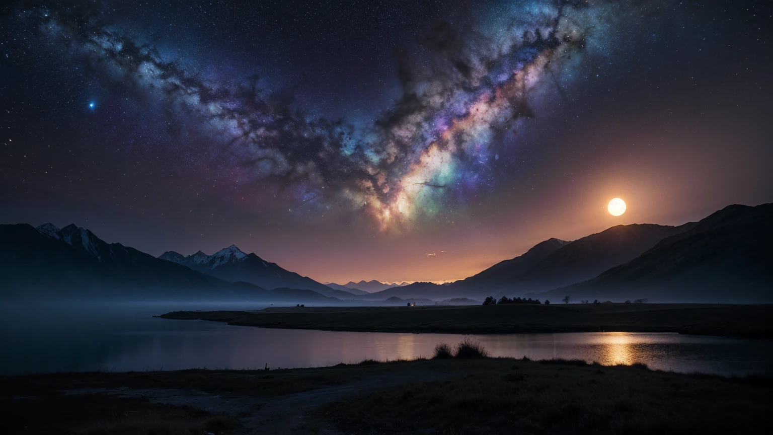 Wide Landscape Photos, (Looking from the bottom up, The sky is above, There is open space below),  (Full Moon: 1.2), (meteor: 0.9), (nebula: 1.3), Distant Mountains , The tree,Handmade art, (暖lamp: 1.2), (firefly: 1.2), lamp, Lots of purple and orange, Intricate details, Volumetric lighting BREAK (masterpiece: 1.2), (best quality), 4K, Extremely detailed, (Dynamic Combination: 1.4), Rich in details，rich and colorful, (Rainbow Colors: 1.2), (glow, Ambient Lighting), Like a dream, magic, (solitary: 1.2)