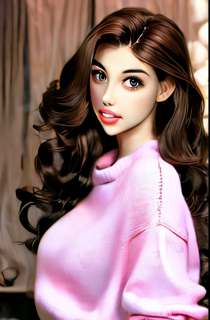 Girl, long brown hair, brown eyes, sharp features, white skin, pink lips, beautiful, soft and delicate, sweater