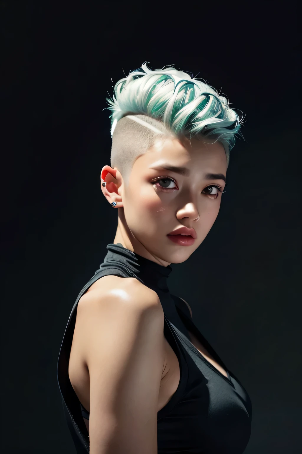 30-year-old woman with、(hi-top fade:1.3)、length hair、Dark theme、Soothing tones、Subdued Color、highly contrast、(natural skin textures、Hyper-Realism、Soft light、sharp)、​masterpiece, top-quality, hightquality, hight resolution