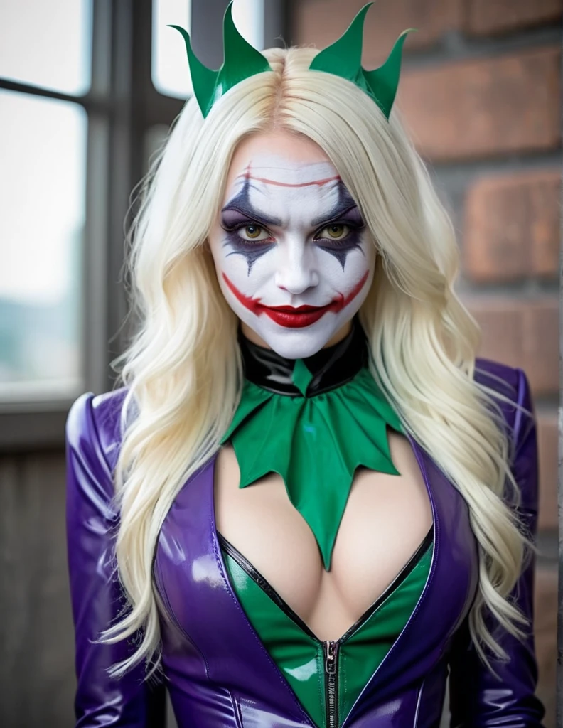 very attractive 25 year old girl with long platinum blonde hair, wearing skin tight latex joker cosplay outfit. very realistic.detailed joker makeup