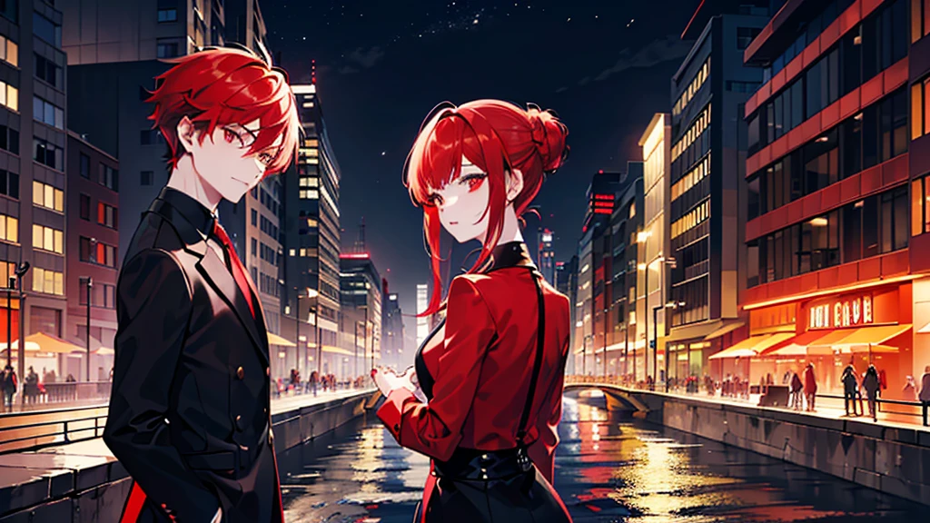 masterpiece, detailed, ( 2 people focus ) , girl and gang male at an night modern cityscape , ( 1 girl and 1 gang male:1.3 ) , red hair male, ( male with red hairstyle:1.3 ) , male's nape hair is long , ( beige hair girl ) , chignon hairstyle girl, ( girl witsingle chignon hairstyle:1.3 ), messy blunt bangs male , girl with blunt bangs , wearing black suit , deep-red eye , ( male face:1.3 ) , (( The background of the night modern cityscape )) , ( midnight ) , back to back , neon , building , moonlight