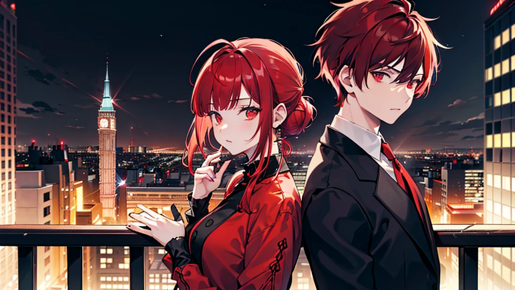 masterpiece, detailed, ( 2 people focus ) , girl and gang male at an night modern cityscape , ( 1 girl and 1 gang male:1.3 ) , red hair male, ( male with red hairstyle:1.3 ) , male's nape hair is long , ( beige hair girl ) , chignon hairstyle girl, ( girl witsingle chignon hairstyle:1.3 ), messy blunt bangs male , girl with blunt bangs , wearing black suit , deep-red eye , ( male face:1.3 ) , (( The background of the night modern cityscape )) , ( midnight ) , back to back , neon , building , moonlight
