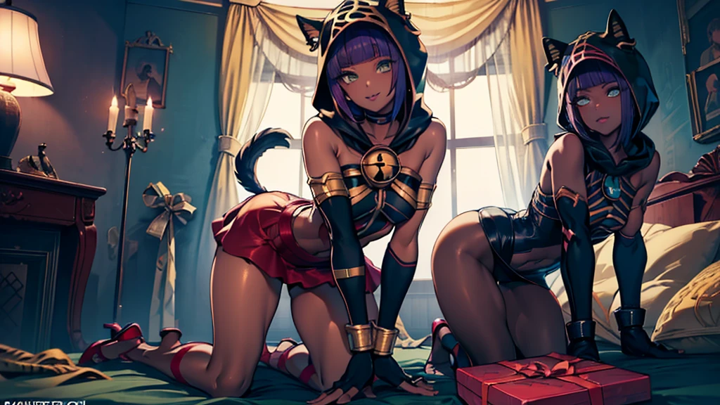 Masterpiece, best quality, absurdres, ((1girl)), , menat_holiday, light smile, dark skin, Green eyes, egyptian, bob cut, red dress, (black hood), black gloves,(shiny thighs),, , bare shoulders,sexy thighs,beautiful hip line,((solo)),,evil smile,,,in bedroom,upskirt,doggy style,parted lips,lip,