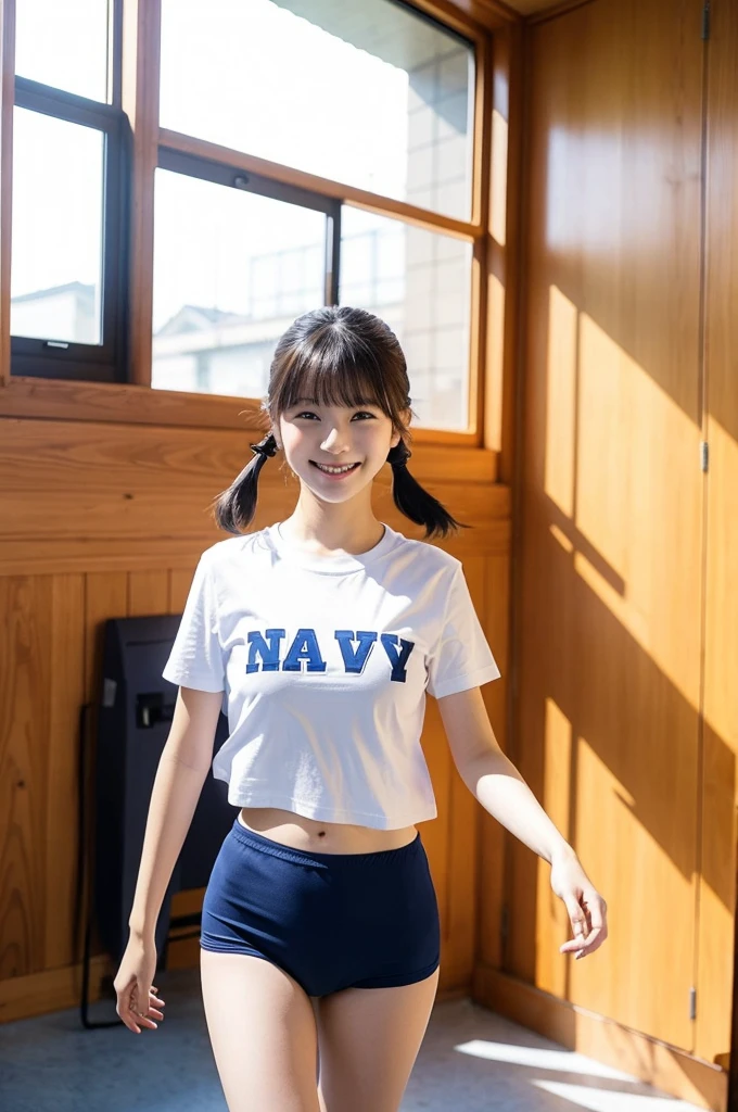 girls walking in sunny wooden school classroom,white school t-shirt with blue trim,navy blue swimming briefs,18-year-old,bangs,a little smile,thighs,knees,short hair with low pigtails bunches,from beside,front light