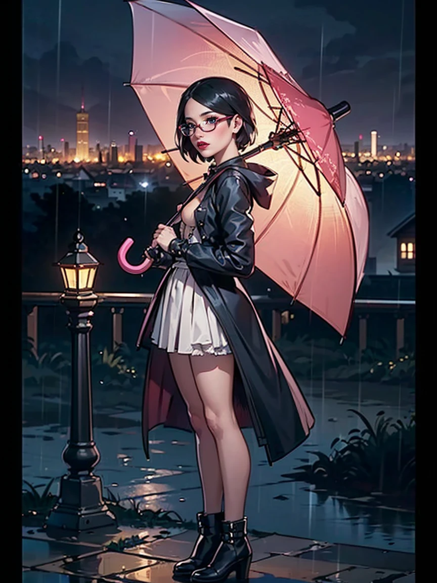 (1girl, solo, alone), (WakatsukiRisa, Sarada Uchiha, black hair, short hair, black eyes, red glasses), ((solo, (1woman, pink lipstick, (small breasts)), Extremely detailed, ambient soft lighting, 4k, perfect eyes, a perfect face, perfect lighting, a 1girl)), austere, ((Delicately portrayed hands, masterpieces, extremely detailed depiction, extremely delicate picture, 1girl, ((umbrella), (delicate umbrella, holding an umbrella), (princess dress), ((Crinoline skirt)), bow on head, gothic style, waist seal, gothic style, big skirt, cute, beautiful girl, lantern, puff sleeves, puffy skirt, full body, functional wind coat, steampunk, background (gothic architecture, rain, gloomy sky, tower, city vista)))