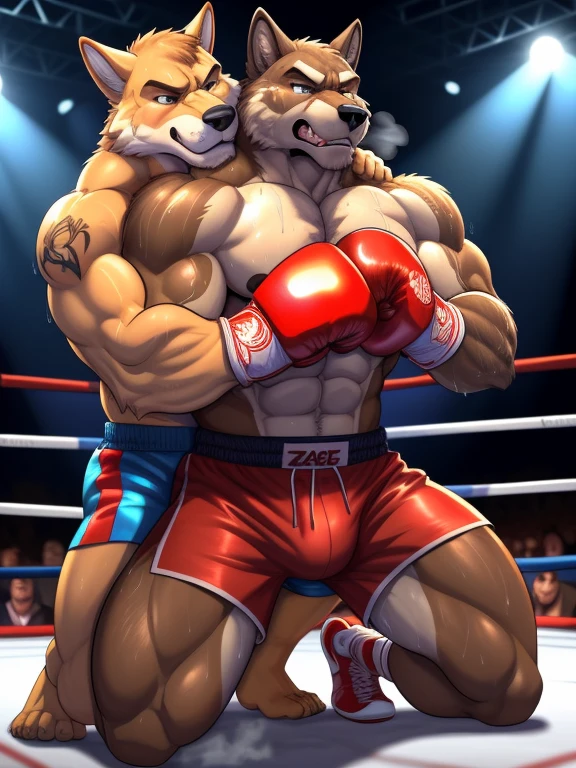 Duo male(Brown Wolf vs Brown Wolf, handsomes, Thick eyebrows), gay(Cuddling, kneeling, embraced from behind, on a boxing match), hot(Shirtless), handsomes(They are handsomes, correct anatomy), musculosos(Big muscle bodies, Six packs, muscle abs, big pecs, muscle backs, muscle legs), sweaty(very sweaty wet bodies, shiny sweat), tatuajes(they have tattoos), Angry(Both have an grumpy expression, growling, steaming breath), boxing gloves(They both are wearing red boxing gloves), Boxing shorts(They both are wearing boxing shorts), Hight resolution, by(Zourik:1.1)