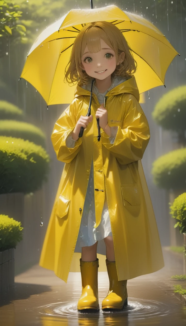 quality\(8K,非常に精細なCGユニットのwallpaper, masterpiece,High resolution,top-quality,top-quality real texture skin,Surreal,Increase the resolution,RAW Photos,最高quality,Very detailed,wallpaper\),BREAK、One Girl、5talent、Little Girl、Innocent and cute face、smile、Wet day、Yellow Raincoat、Put on the hood of your raincoat、Yellow Boots、Girl getting wet playing with umbrella umbrella、、長靴でpuddleの水をスパークさせている、garden、puddle、