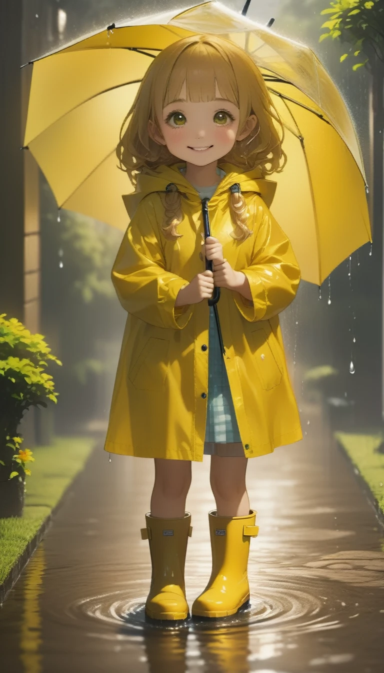 quality\(8K,非常に精細なCGユニットのwallpaper, masterpiece,High resolution,top-quality,top-quality real texture skin,Surreal,Increase the resolution,RAW Photos,最高quality,Very detailed,wallpaper\),BREAK、One Girl、5talent、、Innocent and cute face、smile、Wet day、Yellow Raincoat、Put on the hood of your raincoat、Yellow Boots、Girl getting wet playing with umbrella umbrella、、長靴でpuddleの水をスパークさせている、garden、puddle、
