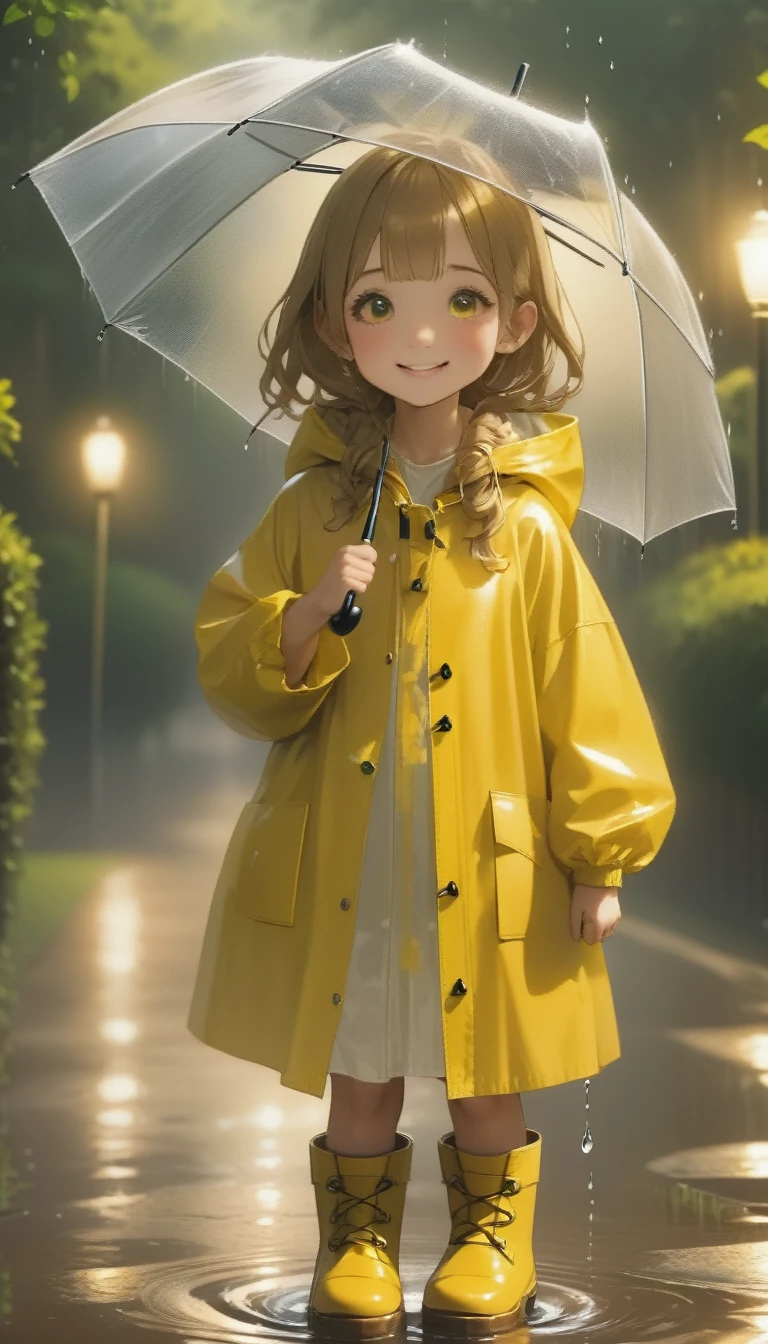 quality\(8K,非常に精細なCGユニットのwallpaper, masterpiece,High resolution,top-quality,top-quality real texture skin,Surreal,Increase the resolution,RAW Photos,最高quality,Very detailed,wallpaper\),BREAK、One Girl、5talent、Little Girl、Innocent and cute face、smile、Wet day、Yellow Raincoat、Put on the hood of your raincoat、Yellow Boots、Girl getting wet playing with umbrella umbrella、、長靴でpuddleの水をスパークさせている、garden、puddle、