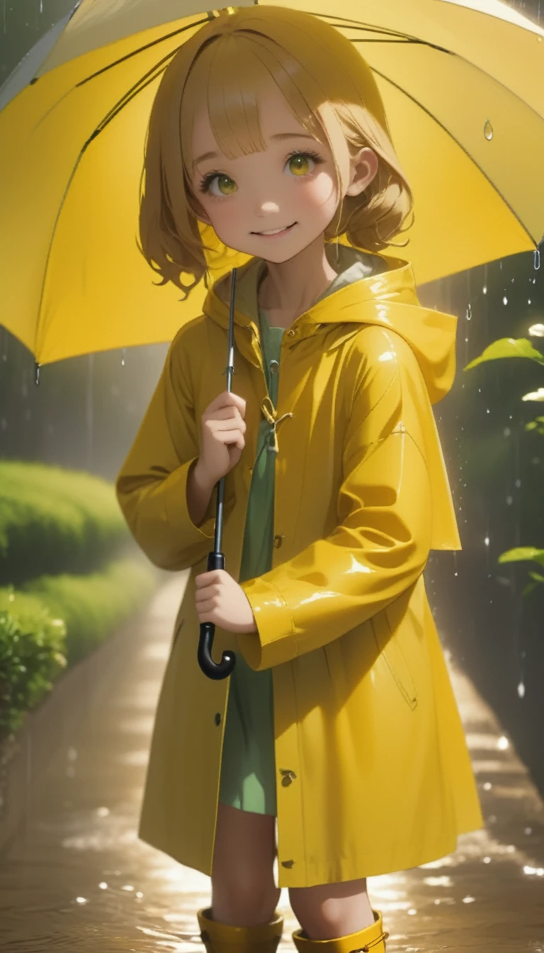 quality\(8K,非常に精細なCGユニットのwallpaper, masterpiece,High resolution,top-quality,top-quality real texture skin,Surreal,Increase the resolution,RAW Photos,最高quality,Very detailed,wallpaper\),BREAK、One Girl、５talent、Little Girl、Innocent and cute face、smile、Wet day、Yellow Raincoat、Put on the hood of your raincoat、Yellow Boots、Girl getting wet playing with umbrella umbrella、、長靴でpuddleの水をスパークさせている、garden、puddle、