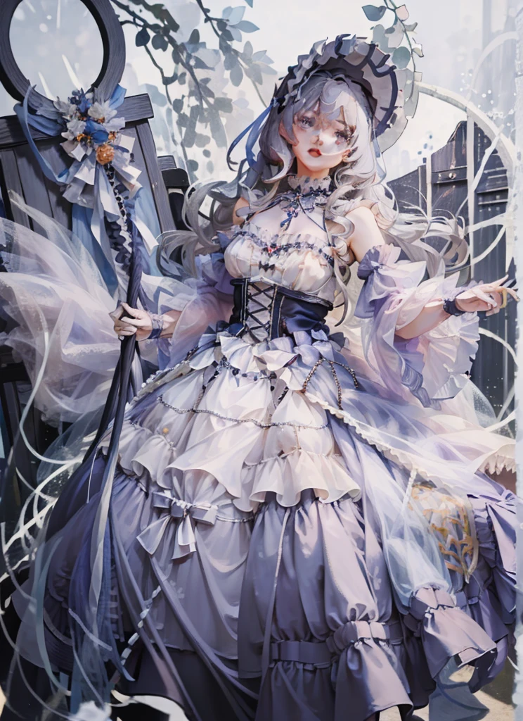 (Extremely delicate and beautiful:1.5),A Russian girl in her early 20s with ash grey hair, standing on your feet, solo, full body，Sweet face，Light smile，By bangs, Gemstone eyes, Contre-Jour，Long curly hair, Gothic-lolita black dress, Keep one's mouth shut, seen from the side, lanterns, light particules, longer sleeves, looking at viewert，pink bows, The background is filled with seven colors, The face is dense((must)), Masterpiece