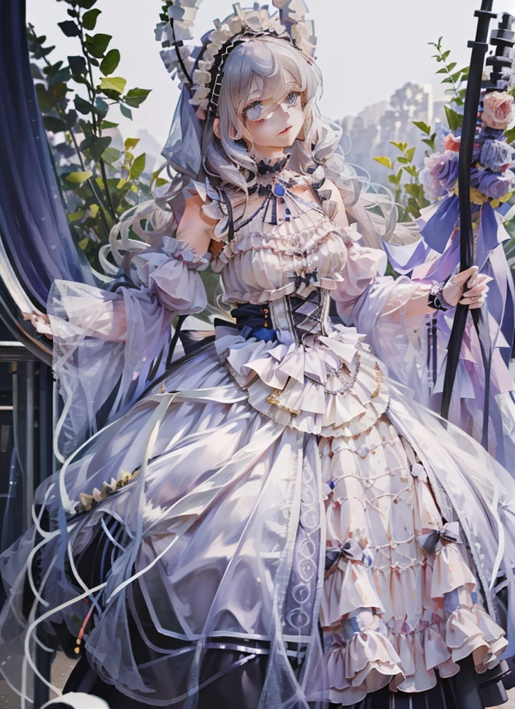 (Extremely delicate and beautiful:1.5),A Russian girl in her early 20s with ash grey hair, standing on your feet, solo, full body，Sweet face，Light smile，By bangs, Gemstone eyes, Contre-Jour，Long curly hair, Gothic-lolita black dress, Keep one's mouth shut, seen from the side, lanterns, light particules, longer sleeves, looking at viewert，pink bows, The background is filled with seven colors, The face is dense((must)), Masterpiece