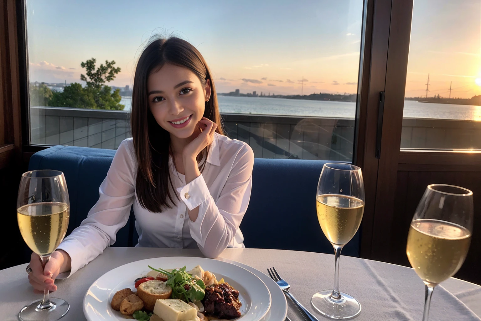 ((Highest quality、8K、masterpiece:1.3))、1 male 1 female、Slim lover、Beautiful couple、smile、full-course dinner、 (Slim face), (the body is スリム), (Brown Hair), (Shortcuts), ((Bob Hale、Straight hair:1.2)), テーブルの上のwine glass、Put the light on your face、 Amazing view of the sunset sky and clouds、smileの美しさ、Bright image、Blushing, Shortcuts, (Age 35), 39 years old, Appetizers、Italian food、Wine bottle、Champagne、sparkling wine、Long sleeve shirt、dress、Attractive beauty、restaurant, Nova Frog Style, actress, model, Upper Body, White wine, red wine, wine glass, 