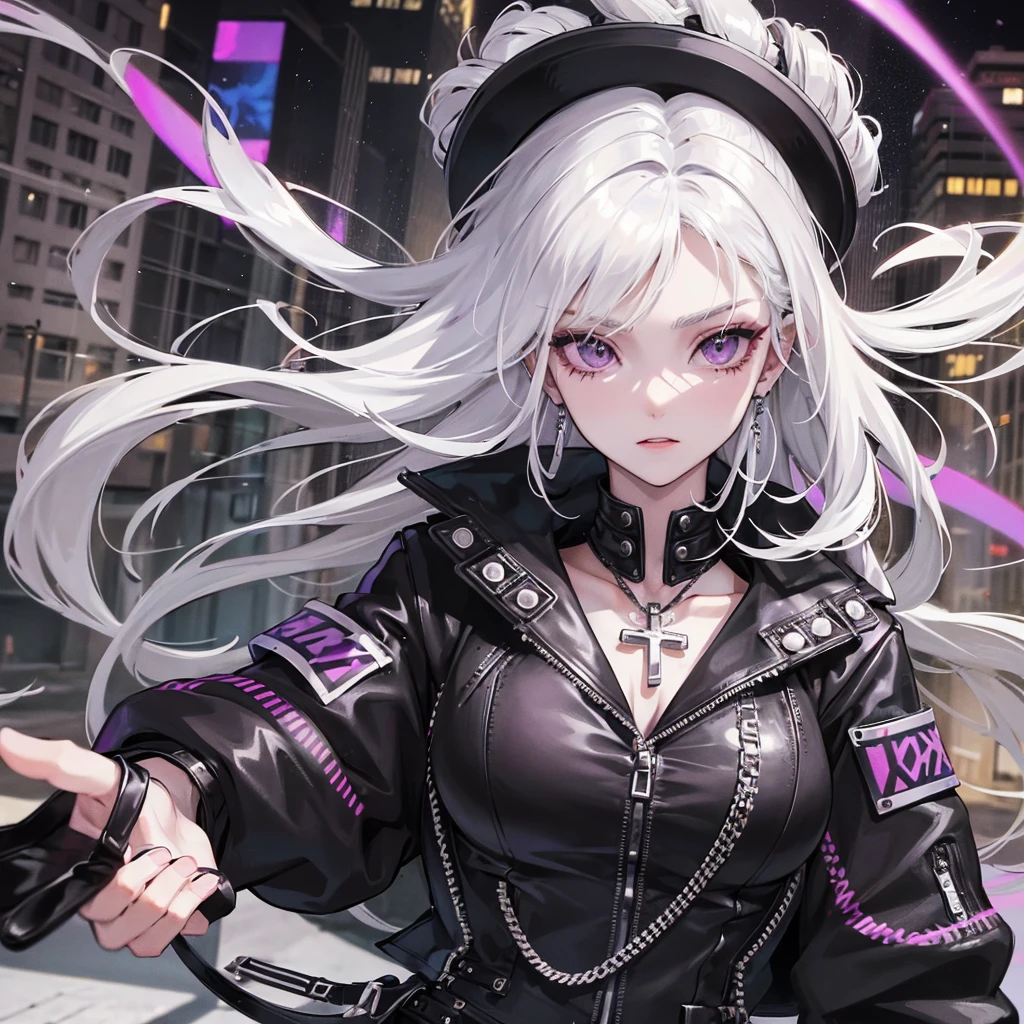 one girl , white haired with long ash hairstyle, cross earrings , cross necklace , Wearing a black leather biker jacket, black leather pants, , , city scenery , cool , Punk , Night Light , High quality, korean face, purple eyes, punk ,street wear, yakuza, nice body, beautiful face,soft skin ,attractive
