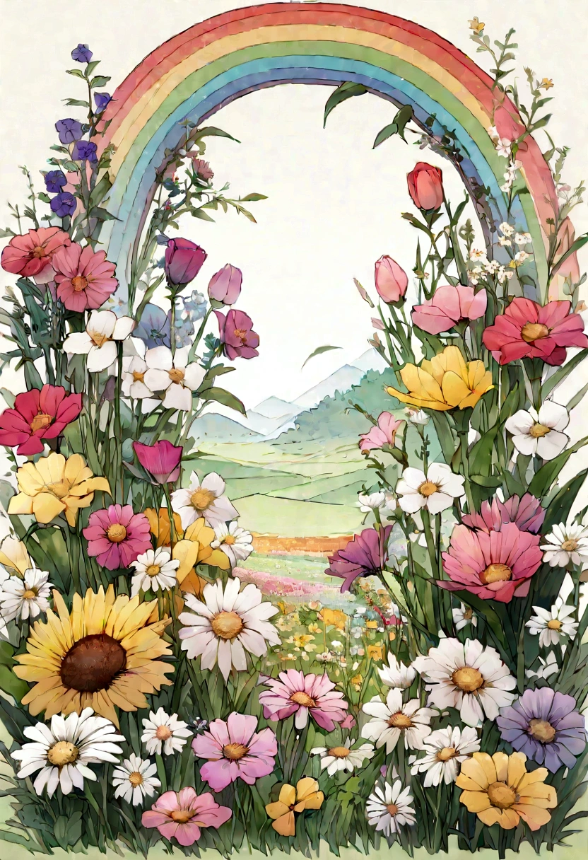 There is a painting of a flower field on a white background, Flower painting background, Flower Explosion, A beautiful field of flowers, Mottled flowers, Plant Rainbow Background, Floral details, Exquisite garden on paper, Flower environment, Flower growth, Floral!, Floral embroidery, Blooming flowers, Made from wildflowers, Flower Wallpaper, Flower field background, Floral 鲜花 多彩, Flowers on the grass