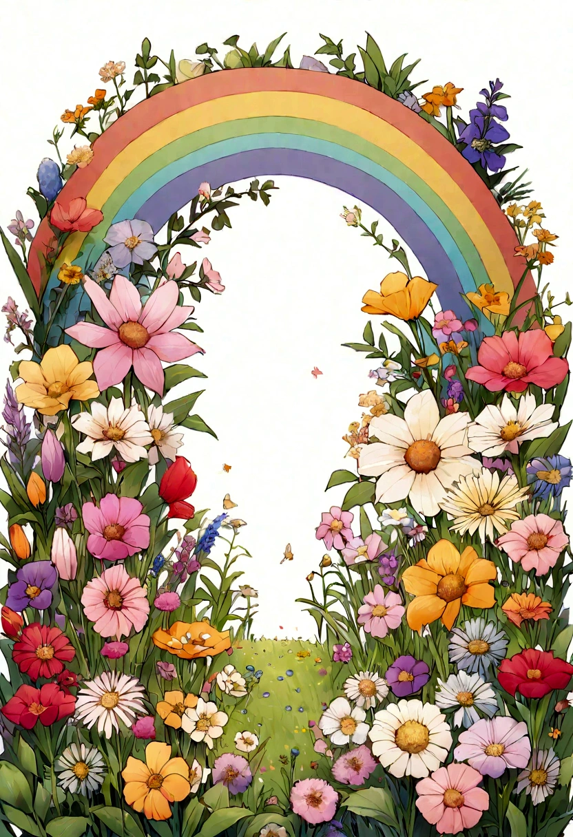 There is a painting of a flower field on a white background, Flower painting background, Flower Explosion, A beautiful field of flowers, Mottled flowers, Plant Rainbow Background, Floral details, Exquisite garden on paper, Flower environment, Flower growth, Floral!, Floral embroidery, Blooming flowers, Made from wildflowers, Flower Wallpaper, Flower field background, Floral 鲜花 多彩, Flowers on the grass
