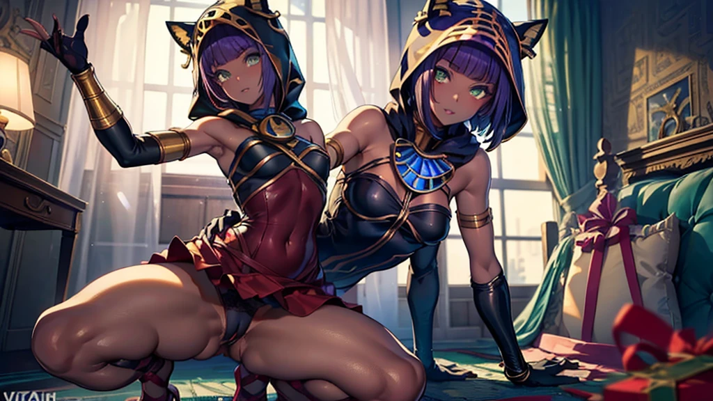 Masterpiece, best quality, absurdres, ((1girl)), , menat_holiday,  light smile, dark skin, Green eyes, egyptian, bob cut, red dress, (black hood), black gloves,(shiny thighs),, , bare shoulders,sexy thighs,beautiful hip line,((solo)),,evil smile,,,in bedroom,upskirt,spread leg,pussy line,camel toe,parted lips,lip,