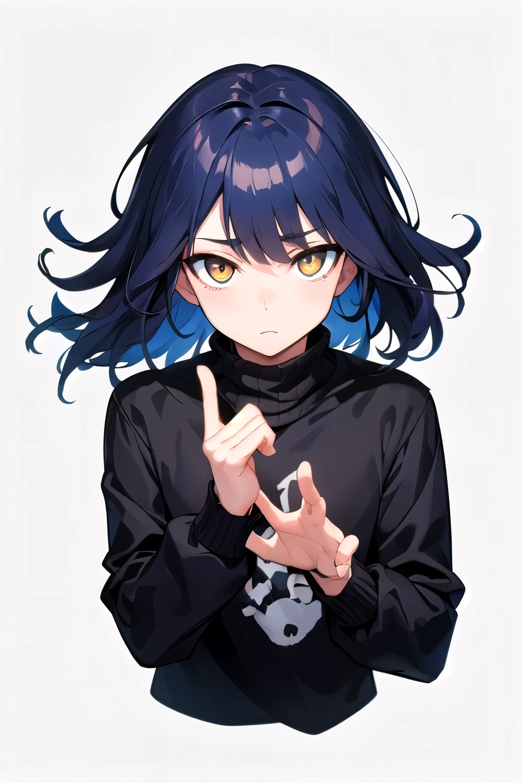((beste Qualität)), Gold Eyes, Boy, Dark blue hair, medium length hair, black pullover with a white pattern on it, Anime, VTuber, Looking into the viewer, Full body picture, white background