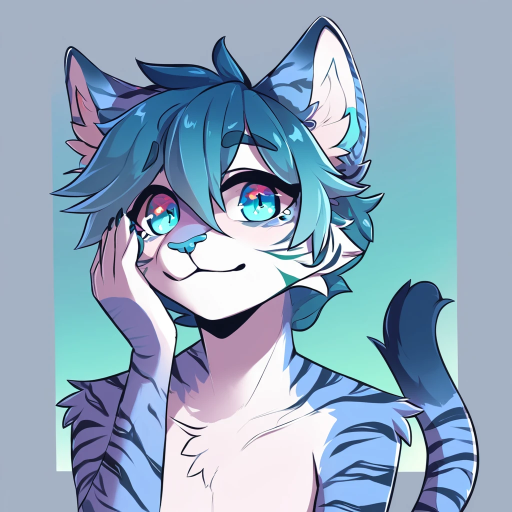 adult, feline, mammal, anthro, anthromorphic, cat, striped, fur, furred_anthro, femboy, male, blue, ear_tufts, purple, paws, hair_tuft, hair_between_eyes, long_tail, fluffy, expressive_eyes, blue/teal_hair, light looking_at_viewer, blue_fur, shy, small_pupils, spotted_pattern, stripes, tiger_stripes, digital_art, high_resolution, high_res, background shy, head_visible, neck_visible, profile_picture