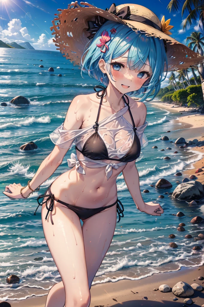 rezeroRem, Rem, blue eyes, Blue Hair, hair ornaments, Hair on one eye, hair ribbon, short hair, x hair ornaments,Straw hat,,happy smile, smile, Open your mouth,blush,Bikini Swimwear,barefoot,Oversized one-shoulder t-shirt,Wet clothes,Wet Skin,Walking,whole bodyがイラストに入るように,
break outdoors, Beach,Sandy Beach,
break looking at viewer, whole body,
break (masterpiece:1.2), Highest quality, High resolution, unity 8k wallpaper, (figure:0.8), (Beautiful attention to detail:1.6), extRemely detailed face, Perfect lighting, extRemely detailed CG, (Perfect hands, Perfect Anatomy),