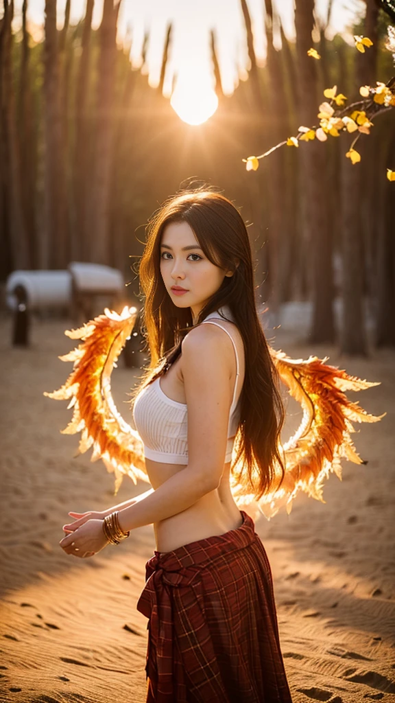 (((work of art, best qualityer: 1.2), A girl with phoenix wings standing in a ring of fire, beautiful and symmetrical face, with bright red eyes, phoenix, lotus flowers, red rose gold, gold mini underwear, Mountain sunrise to the bottom, Ancient porcelain buildings))