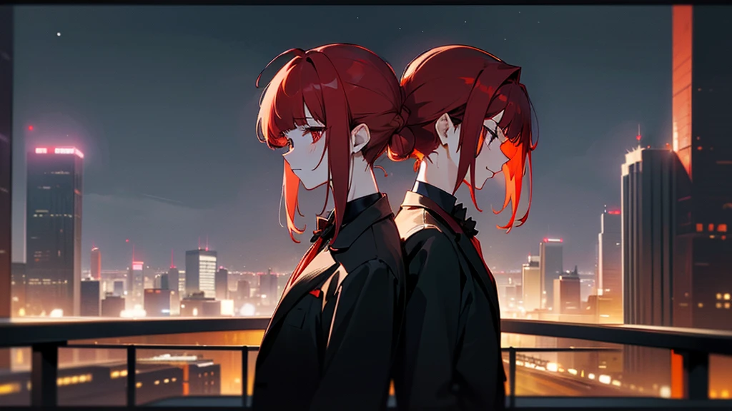 masterpiece, detailed, ( 2 people focus ) , girl and gang male at an night modern cityscape , ( 1 girl and 1 gang male:1.3 ) , red hair male, ( male with red hairstyle:1.3 ) , male's nape hair is long , ( beige hair girl ) , chignon hairstyle girl, ( girl witsingle chignon hairstyle:1.3 ), messy blunt bangs male , girl with blunt bangs , wearing black suit , deep-red eye , ( male face:1.3 ) , (( The background of the night modern cityscape )) , ( midnight ) , back to back , neon , building , moonlight