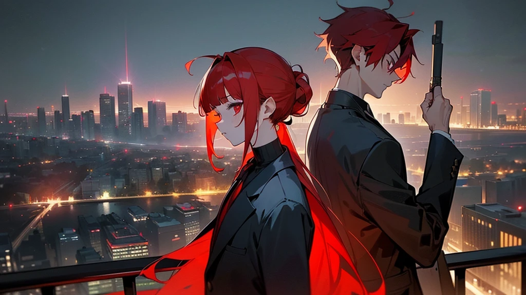 masterpiece, detailed, ( 2 people focus ) , girl and gang male at an night modern cityscape , ( 1 girl and 1 gang male:1.3 ) , red hair male, ( male with red hairstyle:1.3 ) , male's nape hair is long , ( beige hair girl ) , chignon hairstyle girl, ( girl witsingle chignon hairstyle:1.3 ), messy blunt bangs male , girl with blunt bangs , wearing black suit , deep-red eye , ( male face:1.3 ) , (( The background of the night modern cityscape )) , ( midnight ) , back to back , neon , building , moonlight
