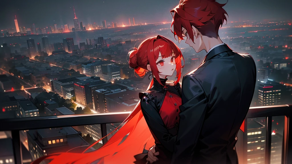 masterpiece, detailed, ( 2 people focus ) , girl and gang male at an night modern cityscape , ( 1 girl and 1 gang male:1.3 ) , red hair male, ( male with red hairstyle:1.3 ) , male's nape hair is long , ( beige hair girl ) , chignon hairstyle girl, ( girl witsingle chignon hairstyle:1.3 ), messy blunt bangs male , girl with blunt bangs , wearing black suit , deep-red eye , ( male face:1.3 ) , (( The background of the night modern cityscape )) , ( midnight ) , back to back , neon , building , moonlight