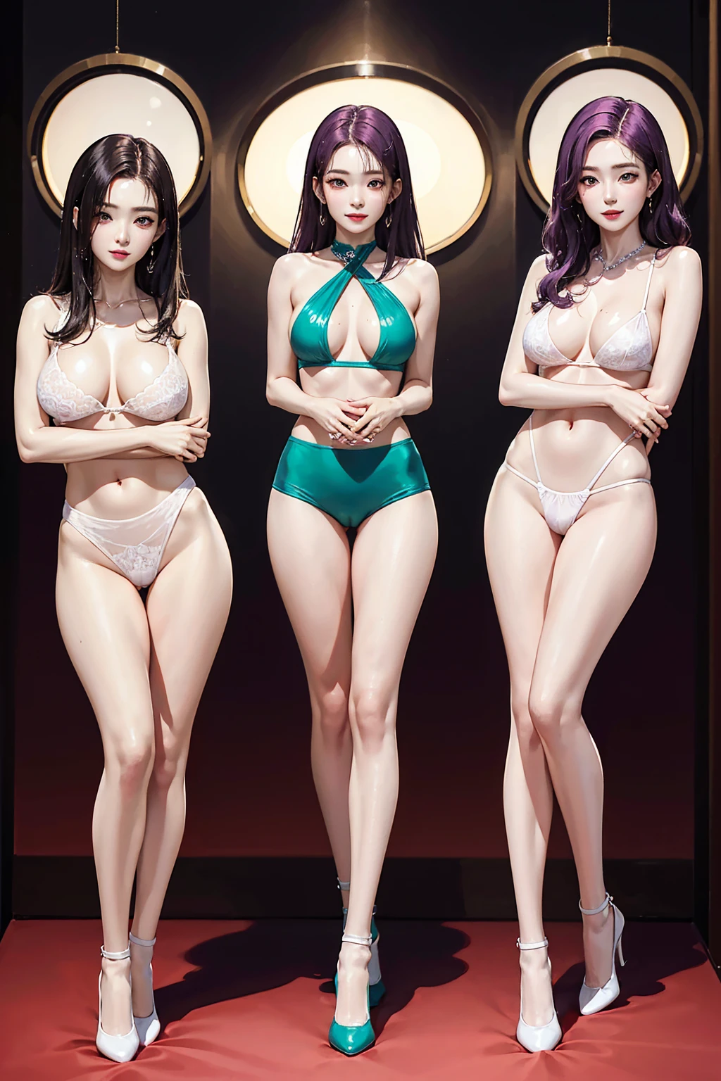 (Finest quality)),(A high resolution),(ultra-detailed art),(Meticulous portrayal),((Best Anime)),(Finest works of art),sharpness,Clear,Ultra-Precision Art,The art of astounding depiction,(masterpiece), high quality, stable diffusion,
short Hair, short ponytail, purple hair, vibrant purple hair, extremely detailed hair, detailed bangs, with bangs,
pretty face, beautiful lips, soft lips,pretty face, close up face, gorgeous beauty,
green eyes,
serious face, pretty nose, beautiful nose, perfect nose, pretty eyes, beautiful eyes, sparkling eyes, detailed eyes, perfect eyes, looking at the camera,
happy, jolly, smiling, seductive, blushing, bukake, happy face, jolly face, excited face,
clear skin,white skin, soft skin, small bust, small breasts, smooth skin, mole in breast,
beautiful girl irene, red velvet irene,
slight cleavage, expose shoulders, perfect body, detailed thighs, detailed legs, perfect hands, perfect arms, detailed hands, detailed breasts, detailed nose, detailed lips, detailed arms, sexy body,
show tongue, sexy thighs, sexy tongue, drooling,
show whole body, fully body woman,
pretty woman,sweaty face, sweaty thighs, sweaty breasts, sexy, seductive, horny, pointy nipples,
micro bikini, micro bra, micro panty, transparent bra, transparent panty, cameltoe, dripping nipples,
slimy hair, slimy wet body, slimy body, slimy breasts, wet breasts, wet panties, wet thighs,
body details,
standing full body, full body image from head to toe,
show legs, show thighs, cute standing female, horny female,
happy friends laughing hard,
four horny girls, four girls standing seductively, four girls with different hair colors, sexy girls,
wearing transparent tshirt, wearing transparent mini shorts, girls wearing high-cut boots,
