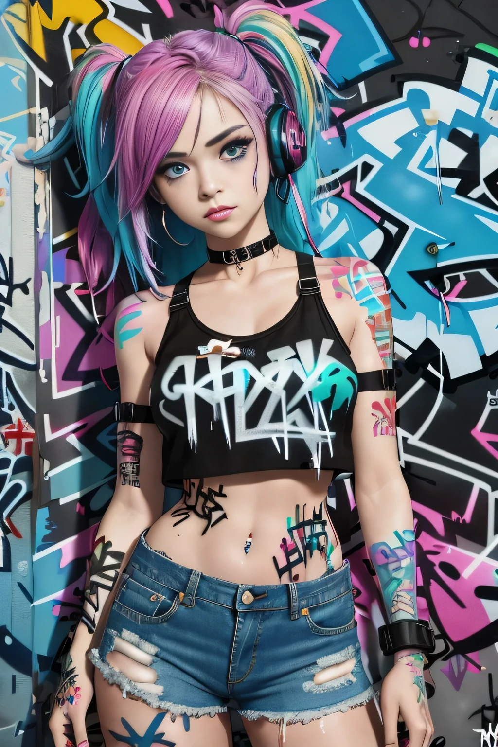 masterpiece, best quality, 1girl, solo, crop top, denim shorts, choker, (graffiti:1.5), paint splatter, arms behind back, against wall, looking at viewer, armband, thigh strap, paint on body, head tilt, bored, multicolored hair, aqua eyes, headset,