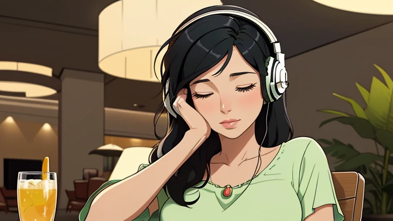 Beautiful woman in her 30s with black hair is sitting with headphones at a resort hotel. Looking down, eyes closed, LOFI girl, relaxing mood, cozy, only five fingers, Paris city, colorful, Well-proportioned face, female Beautiful fingers, summer, green blouse, 