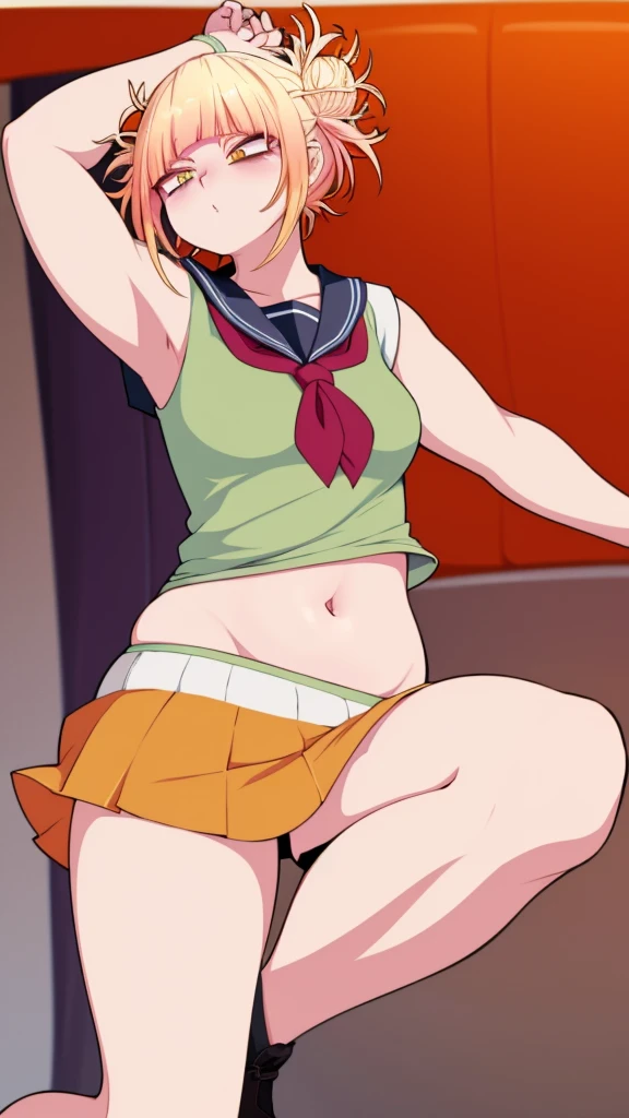 A girl truncheon beautiful crazy psycho beautiful sexy cute hair braid ball yellow shine short cut her eye brown sleepless eye stress mood good dresses orange top green stripe sleeveless cheerleader shows navel and a short bright orange skirt black heel